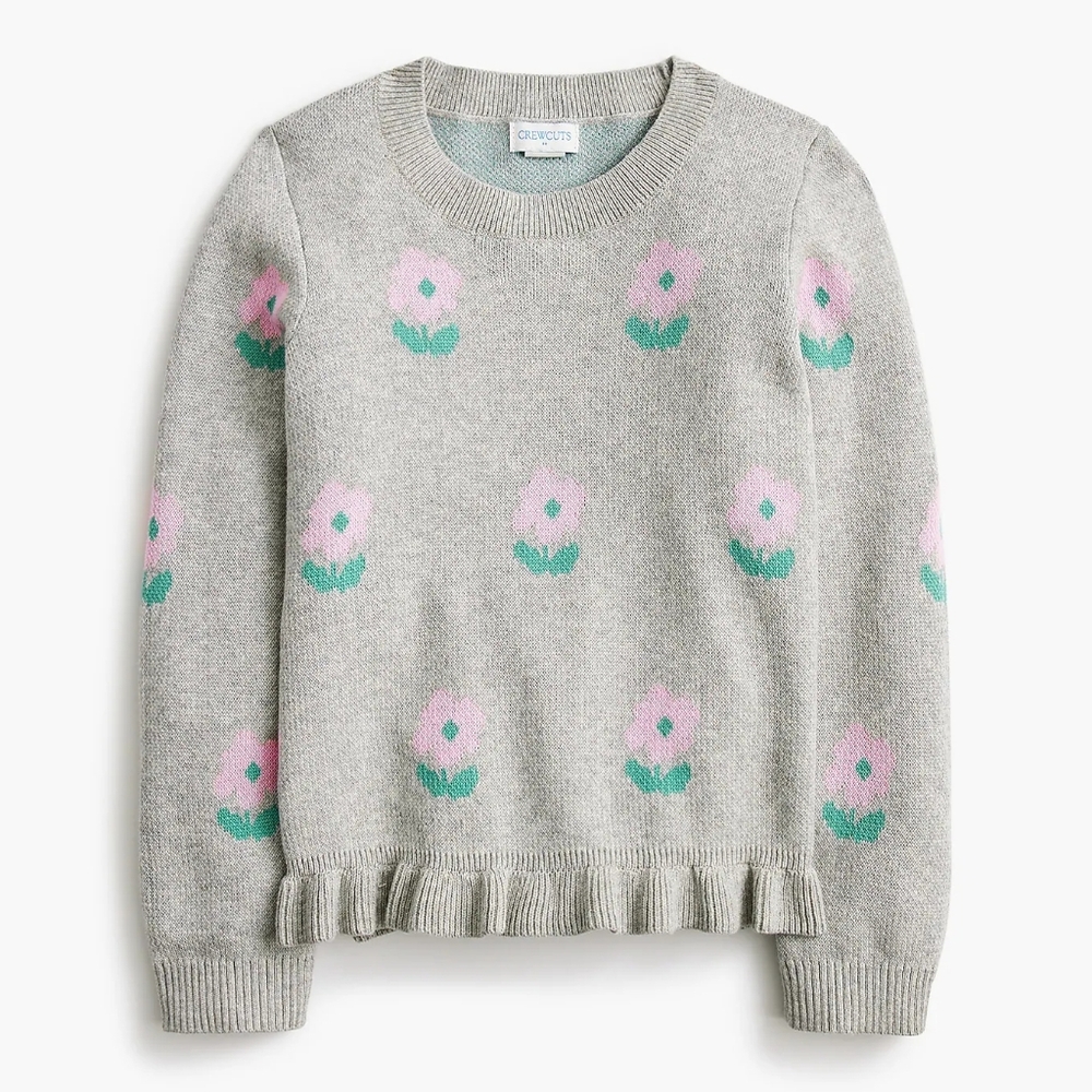 Crewcuts Girls Floral Ruffle Hem Sweater, Xxs/2-3, Gray